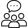 Simple black and white icon of three people talking